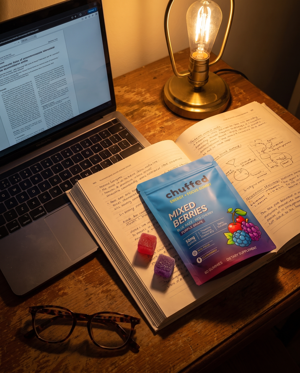 Chuffed pouch on a late night study desk