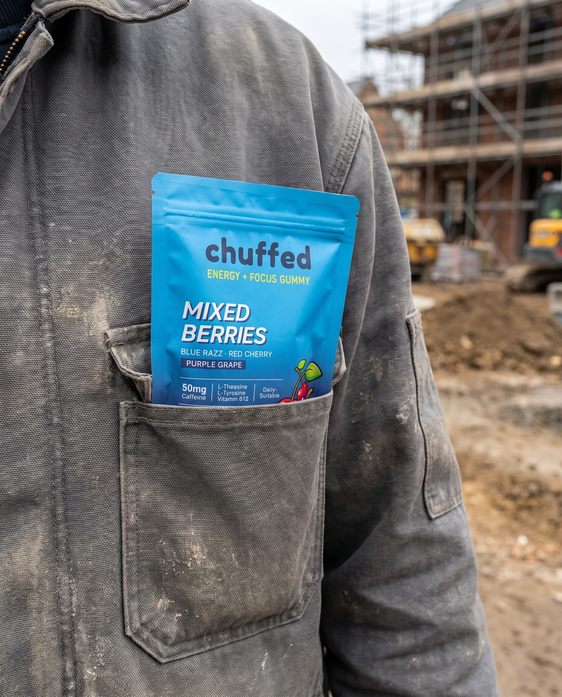 Chuffed pouch in a work jacket pocket