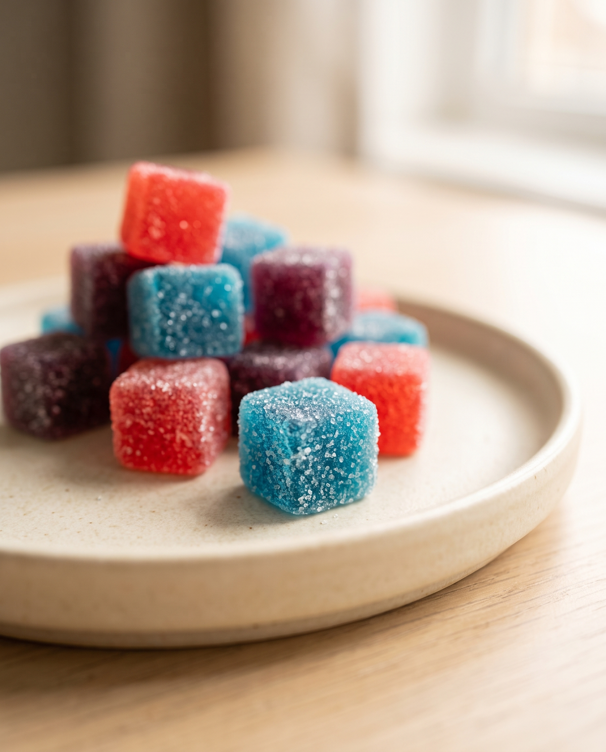Close-up of Chuffed mixed berry gummy cubes