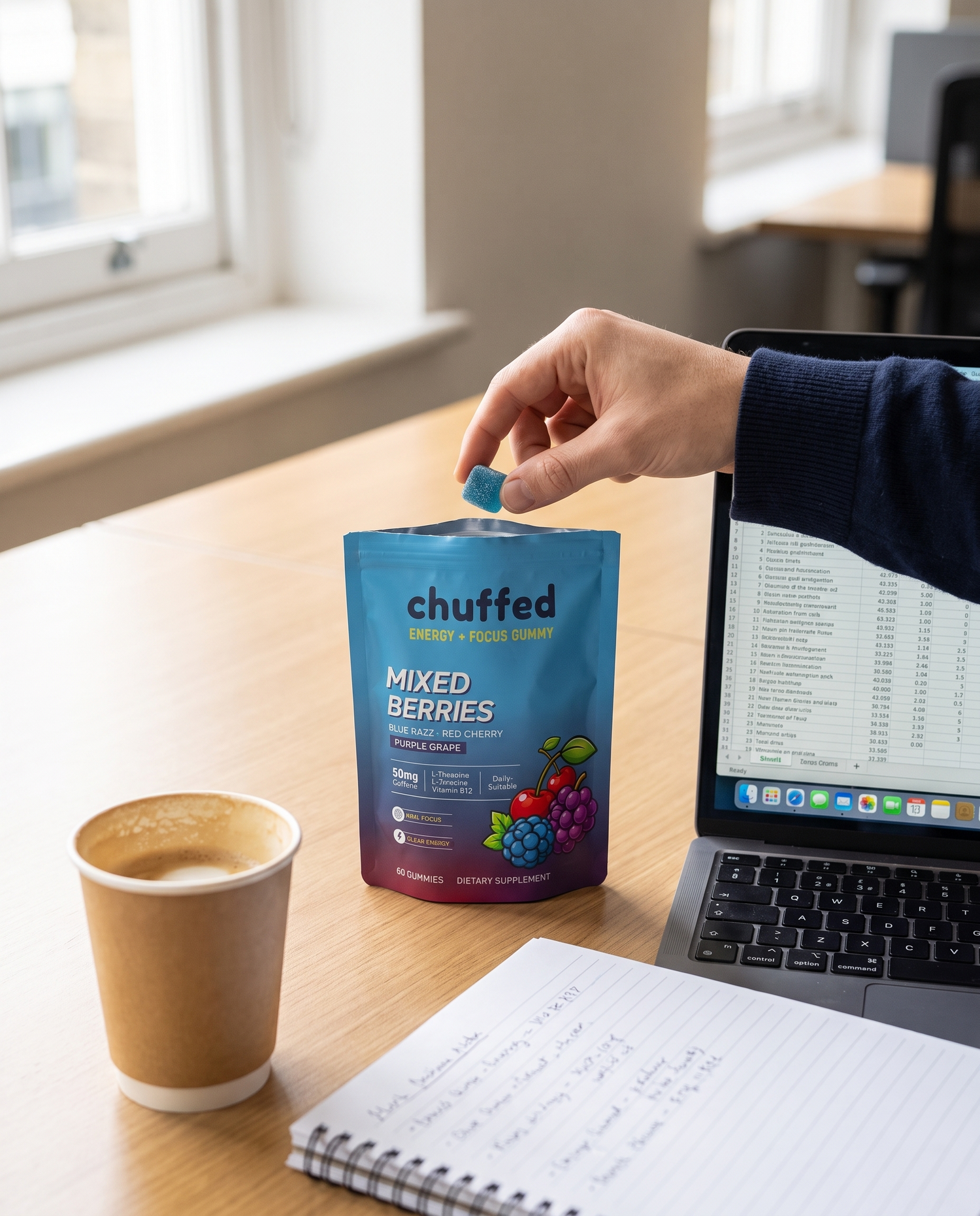 Taking a Chuffed gummy at an office desk