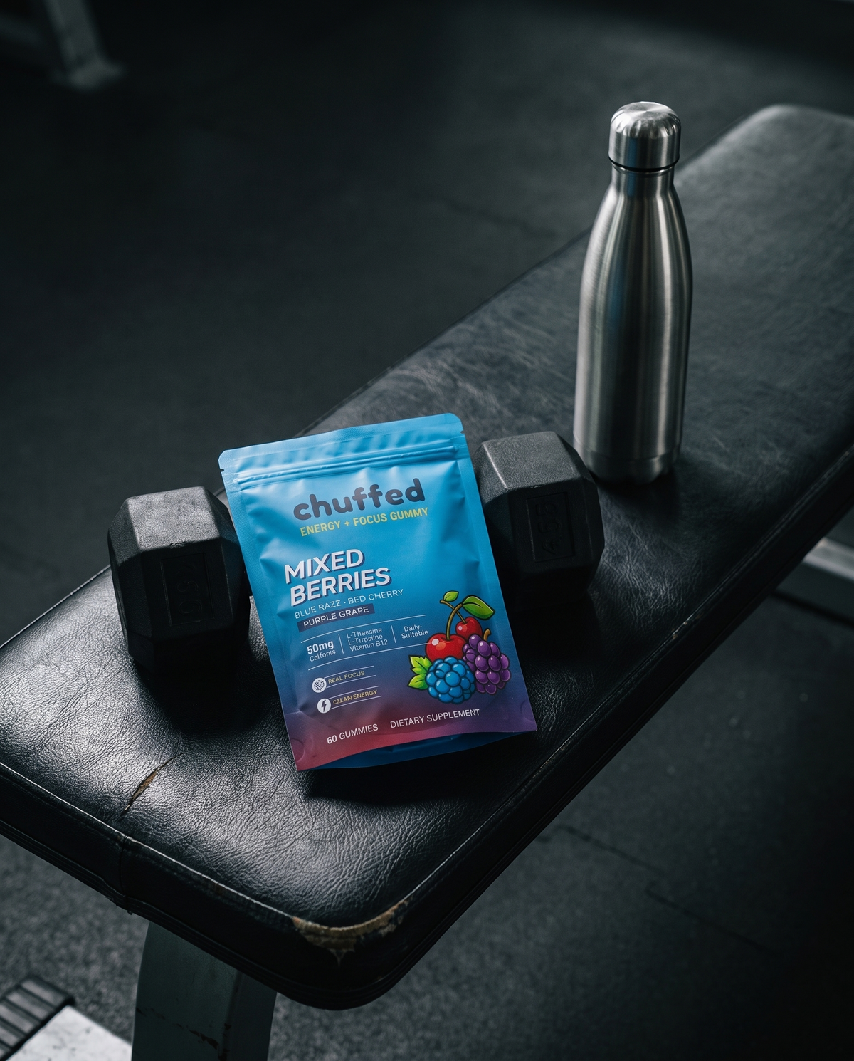 Chuffed pouch on a gym bench