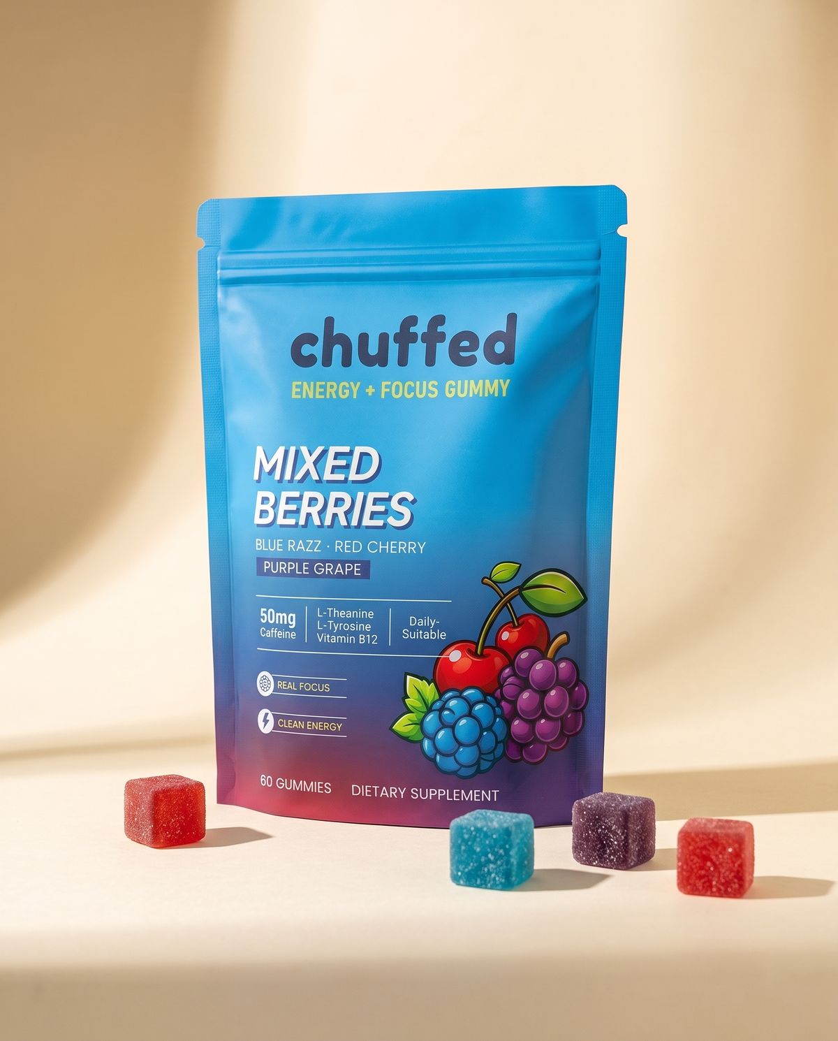 Chuffed caffeine gummies pouch with red, blue and purple gummies on a cream background